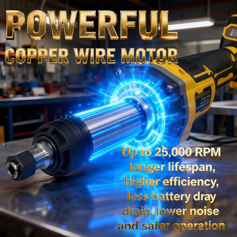 Killer Cordless Die Grinder With One Quarter Inch Precision Chuck And Brushless Motor For Effortless Metal And Wood Polishing Rust Removal Deburring Tool Built Damn Tough For Hella Versatile Shop Tasks displayed with illuminated copper wire motor.