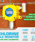 Chlorine Detector Industrial Wall Mount With Continuous Monitoring, Explosion Proof, 0-20ppm Cl2, USA NIST Calibration, Remote Control Up To 8 Meters, 4-20mA Analog Output, Dual Relay Alarms, Sound And Light Alerts mounted on brick wall