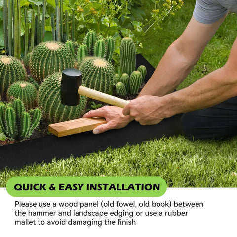 Person installing Workhorse 40 Ft Galvanized Steel Landscape Edging Kit With 12 Pack Panels For Lawn Borders, using a mallet.