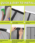 Installation guide for Magnetic Screen Door 36x82 Fits 38x83, Hands Free Bug Barrier For Pets, six steps shown in images.