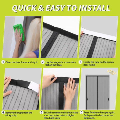 Installation guide for Magnetic Screen Door 36x82 Fits 38x83, Hands Free Bug Barrier For Pets, six steps shown in images.