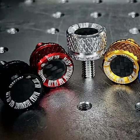 No Sweat Quick Swap Rear Seat Bolt Featuring Carbon Fiber Knob And Aircraft Grade Aluminum for motorcycle mods in various colors.