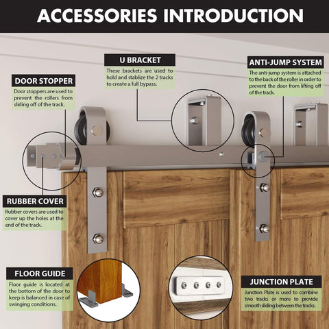 Brushed Nickel Double Track U Shape Bypass Sliding Barn Door Hardware Kit For Four Doors 8ft Flat Track With Classic Roller