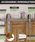 Brushed Nickel Double Track U Shape Bypass Sliding Barn Door Hardware Kit For Two Doors 5.5 Ft Flat Track classic roller system displayed with components.