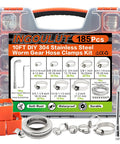 Pro Grade Heavy Duty Hose Clamps Kit With 185 Piece Set One Quarter Inch To Two Inch Ten Foot Strap Eight Fasteners Adjustable Worm Gear Clamps