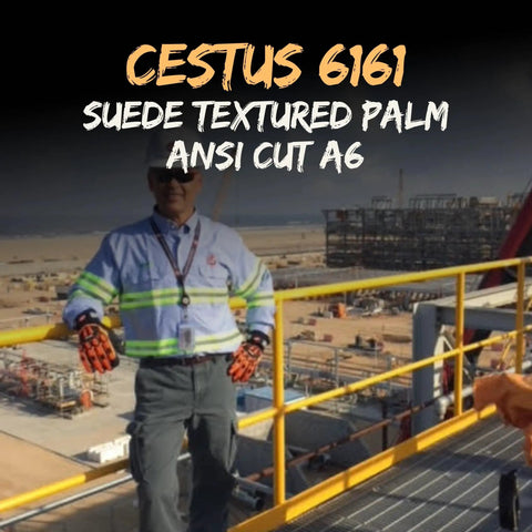 Worker wearing 6161 ANSI A6 Cut Resistant Impact Gloves With Dense Fabric Palm on a construction site.