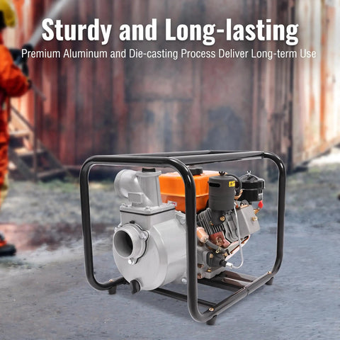 Heavy Duty 3 Inch Diesel Water Trash Pump With Powerful 196cc Engine For High Pressure Irrigation And Sump Removal From Rivers Or Reservoirs Featuring Solid Aluminum Build And Superior Flow Capacity For Tough Jobs Around The Farm Or Construction Site