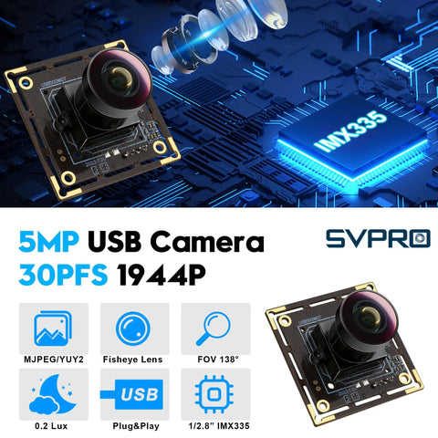 5MP USB Camera Module With 1944P 30Fps, Wide Angle M12 Fisheye Lens, IMX335 Sensor, Plug And Play UVC Webcam on circuit board