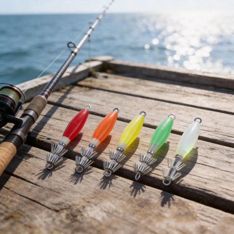 Night Fishing Glow In The Dark Squid Jigs Kit 10 Pcs With Fluorescent Red Orange Yellow Green And Glow Colors on wharf
