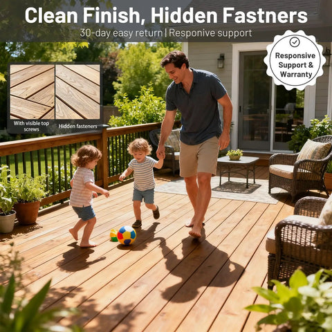 Happy family playing on a deck installed with Heavy Duty Hidden Deck Fasteners 150 Piece Stainless Steel Screw Kit.