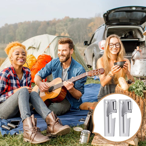 Group using 40 Pack Manual Stainless Steel Can Openers for Camping and Travel at outdoor picnic with tents and gear