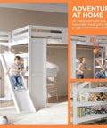 No Fuss Full Size Wooden Loft Bed With Built In Desk And Clever Storage Stairs, Equipped With A Smooth Slide And Basketball Hoop For Top Tier Kid Vibes, Slick White Frame That Delivers Serious Space Saving Flex, child sliding down
