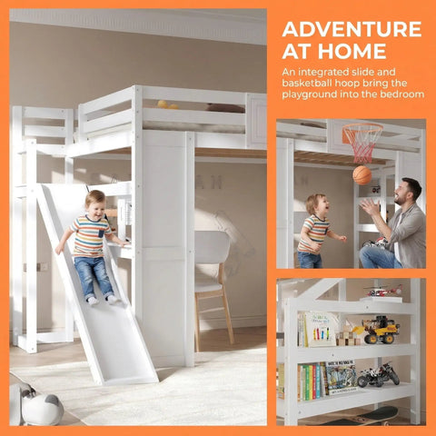 No Fuss Full Size Wooden Loft Bed With Built In Desk And Clever Storage Stairs, Equipped With A Smooth Slide And Basketball Hoop For Top Tier Kid Vibes, Slick White Frame That Delivers Serious Space Saving Flex, child sliding down