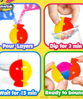 Steps of using DIY Magic Bouncy Ball Kit For Kids STEM Science Toys Set to create colorful bouncy balls in molds