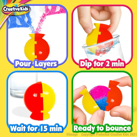 Steps of using DIY Magic Bouncy Ball Kit For Kids STEM Science Toys Set to create colorful bouncy balls in molds