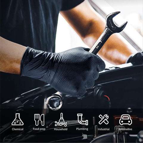 Mechanic using Heavy Duty 10 Mil Nitrile Gloves With Raised Diamond Texture Latex Free Powder Free Extra Strong Chemical Resistant for auto repair
