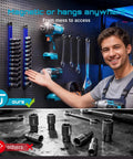 Heavy Duty Half Inch Deep Impact Socket Set With Magnetic Rail displayed on wall, 11 Piece Metric 10 To 24 Mm, automotive tools