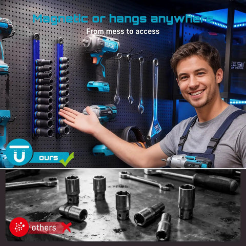 Heavy Duty Half Inch Deep Impact Socket Set With Magnetic Rail displayed on wall, 11 Piece Metric 10 To 24 Mm, automotive tools