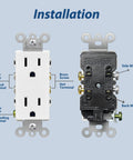 Front and back of Heavy Duty 12 Pack Standard Decorator Electrical Wall Receptacle Outlet 15A 125V with wiring points shown