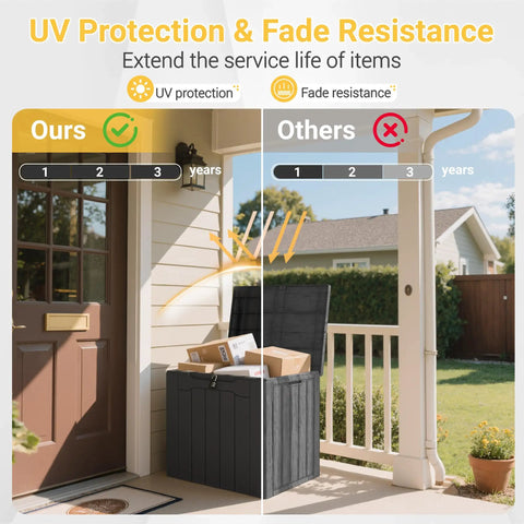 Outdoor 31 Gallon Storage Box With Lid for Patio Furniture showing UV and fade resistance comparison with competitor