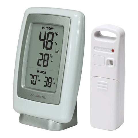 Indoor Outdoor Digital Thermometer With Wireless Temperature Sensor And Hygrometer For Home Use Monitors Indoor And Outdoor Temperature And Humidity Weather Resistant No Fuss Setup Quick Read Just Works, shown with LCD display and sensor.
