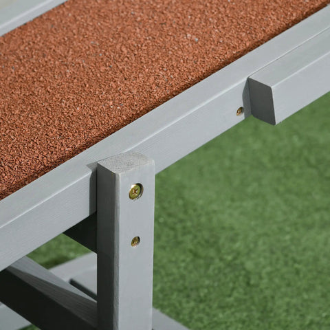Close-up of the Wooden Dog Agility Seesaw For Training And Exercise, Outdoor Ready Platform with high-traction surface, gray fir wood