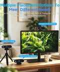 Crisp 1080P USB Webcam With Built In Mic For Smooth Video Calls And Live Stream shown placed on monitor, desktop, and tripod.