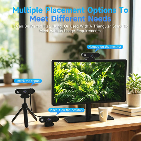 Crisp 1080P USB Webcam With Built In Mic For Smooth Video Calls And Live Stream shown placed on monitor, desktop, and tripod.