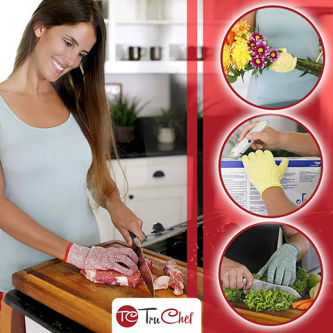 Premium Cut Resistant Kitchen Gloves Level 5 EN388 For Meat, Veggies And Wood Carving, Food Grade Safety shown in use for various tasks.