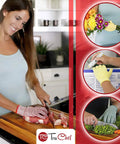 Woman slicing meat with EN388 Level 5 Cut Resistant Kitchen Gloves for Meat Veggies And Wood Carving Food Grade Safety Gloves.