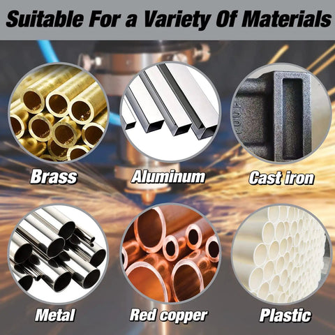 5 Piece NPT Thread Forming Taps Set For Pipe Threads Cleanup And Re Threading Damaged Or Jammed Threads, High Speed Steel Drill Bits Included, variety of materials compatibility shown with brass, aluminum, cast iron, metal, red copper, and plastic visuals.
