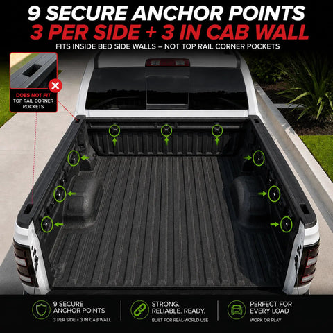 Retractable Tie Down Anchors Inner Bed Mount 2 Pack Chevy GMC Trucks Flush Mount view showing 9 secure anchor points in truck bed.
