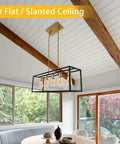 5 Light Modern Farmhouse Kitchen Island Chandelier With Black Brass Industrial Vibe, in living room with windows and slanted ceiling.