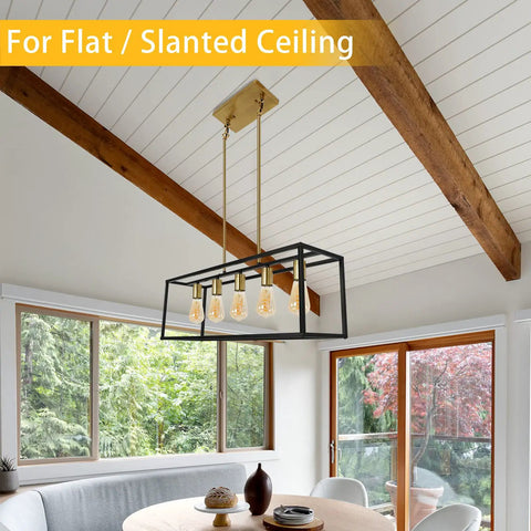 5 Light Modern Farmhouse Kitchen Island Chandelier With Black Brass Industrial Vibe, in living room with windows and slanted ceiling.