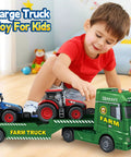 Child playing with 25 Inch Semi Flatbed Truck Toy Set with Two Tractors, Friction Powered Lights and Sounds for imaginative play.