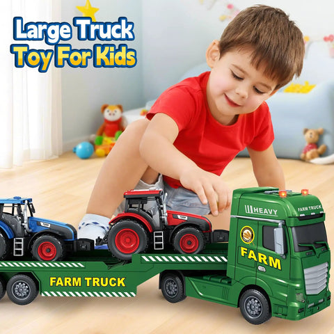 Child playing with 25 Inch Semi Flatbed Truck Toy Set with Two Tractors, Friction Powered Lights and Sounds for imaginative play.