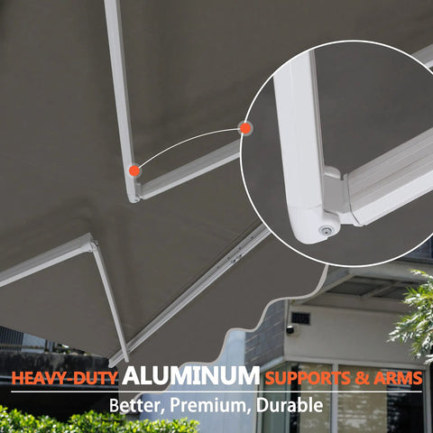 Close-up of heavy-duty aluminum supports and arms of 12x10 Ft Manual Retractable Outdoor Patio Awning With Easy Crank Handle