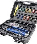 AC Hose Crimping Tool Kit With 7 Die Sets For Beaded And Barbed Fittings in open case showing manual hydraulic crimper and aluminum pump