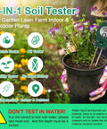All In One Soil Tester For pH, Moisture, And Fertility With Fast Accurate Readings For Indoor Outdoor Gardens Battery Free Plant Health Meter For Your Home, Farm, And Lawn shown testing a potted plant