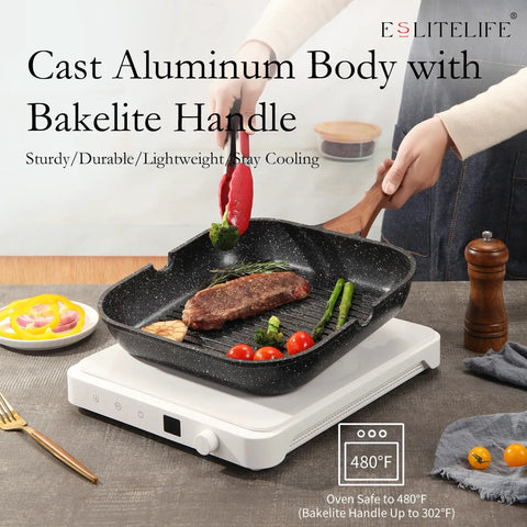 Nonstick Grill Pan With Lid And Tongs 9.5 Inch Square Skillet For Indoor Outdoor Grilling Pour Spouts Easy Oil Free Cooking Granite Coating PFOA And PTFE Free Pro Style Steak Veggies And More shown in use on stovetop