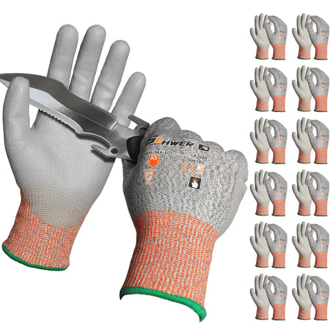 12 Pairs ANSI A5 Cut Resistant Work Gloves With PU Coating For Metal Fabrication, Woodworking, And Construction Non Slip Heavy Duty Durable Large Size Ideal Gift For Men, showing knife resistance.