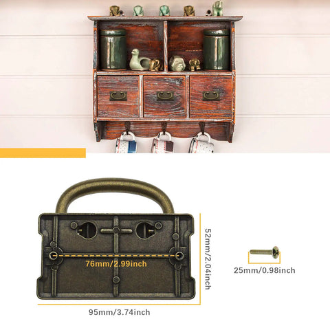 Retro Rectangle Pull Handles With Screws For Furniture Cabinet Drawer Bookcase Wardrobe Antique Bronze Zinc Alloy 4 Pieces Hidden Screws Design Easy Install, showing dimensions and installation