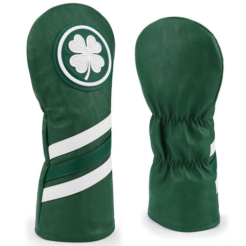 Green and white leather golf head cover with shamrock emblem, showing front and back details, part of Leather Golf Head Covers Set