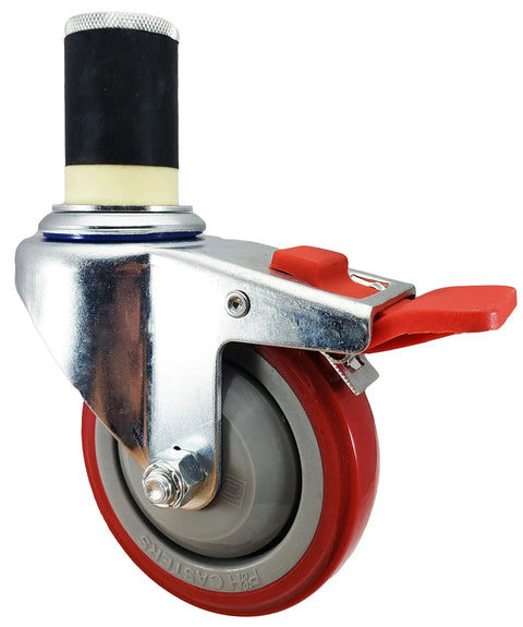 Heavy Duty Four Inch Caster Wheels With Quick Click Total Locking Brakes Fitting One Point Five Inch Id Leg Pipe For Smooth Rolling NSF certified caster with red polyurethane wheel.