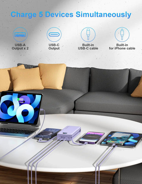 High Capacity 20000mAh Portable Charger With Built In Cables And Wall Plug USB C Fast Charging Power Bank charging multiple devices on table