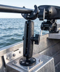 Close-up of Heavy Duty Anti Vibration Trolling Motor Stabilizer Mount With 360 Degree Aluminum Bracket on fishing boat.