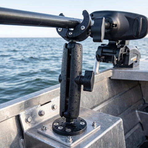 Close-up of Heavy Duty Anti Vibration Trolling Motor Stabilizer Mount With 360 Degree Aluminum Bracket on fishing boat.