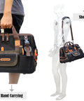32 Pocket Waxed Canvas Tool Bag With Heavy Duty Build For Electricians And HVAC Pros, 16 Inch Tool Carrier in hand and shoulder.