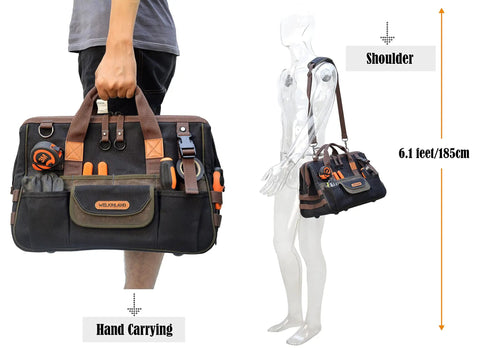32 Pocket Waxed Canvas Tool Bag With Heavy Duty Build For Electricians And HVAC Pros, 16 Inch Tool Carrier in hand and shoulder.