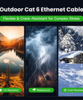 Illustration showing UV, water, and cold resistance of Cat 6 Ethernet Cable 100 Ft Outdoor Indoor 23AWG 10Gbps